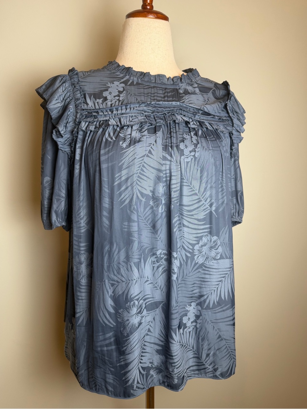 Current Air Dusty Blue Floral Palm Ruffle Yoke Top